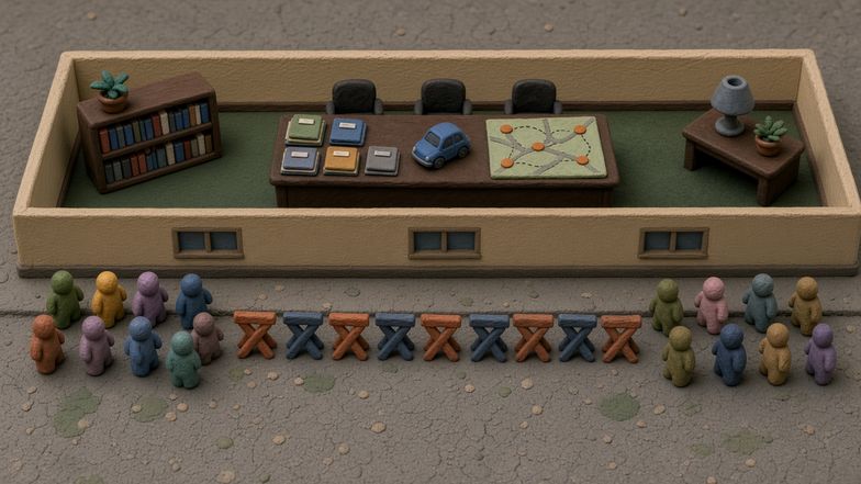 Provisional stop-motion claymation scene of a public-library meeting room viewed from above, with two groups of abstract clay figures outside separated by a line of clay barricades while, inside, a council desk holds permit folders, a small model car, and a senior-transportation map. No weapons, slogans, identifiable people, logos, or readable text are depicted.