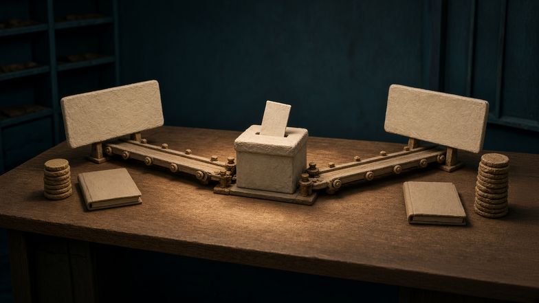 Provisional stop-motion claymation newsroom scene with a ballot box centered on a sorting table, one paper ballot traveling down a forked conveyor toward two blank headline boards, and unequal stacks of clay coins beside two plain campaign folders. No people, names, logos, or readable text are depicted.