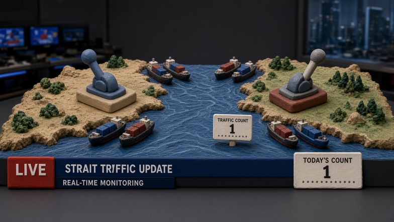 Provisional claymation scene of a narrow blue strait on a newsroom map, with two oversized switch levers on opposite shores pointing in different directions. Several cargo ships wait at the edges while a small paper traffic counter shows a single digit. No people, damage, or casualties are depicted.