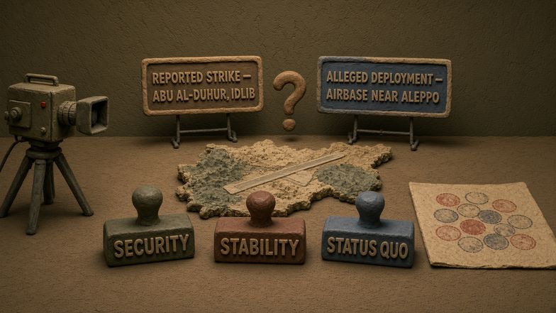 Provisional claymation newsroom desk with one relief map beneath two movable source-caption cards. One card reads “REPORTED STRIKE — ABU AL-DUHUR, IDLIB”; the other reads “ALLEGED DEPLOYMENT — AIRBASE NEAR ALEPPO.” A loose clay question mark lies between the cards, leaving whether they identify one airbase or two unresolved. Three oversized rubber stamps labeled “SECURITY,” “STABILITY,” and “STATUS QUO” have marked overlapping circles on the same briefing paper. A tiny television camera faces the paper; no people, aircraft, damage, or casualties are depicted.