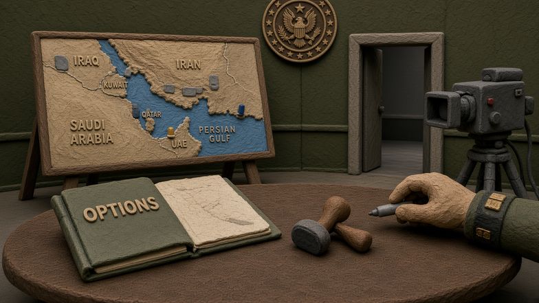 Provisional claymation scene of a Pentagon planning room with a large Persian Gulf map on an easel, several small clay base markers, and an officer's hand hovering over one marker without moving it. A thick folder labeled “OPTIONS” sits open beside an untouched rubber stamp, while a television camera points toward an empty doorway. No named people are depicted.