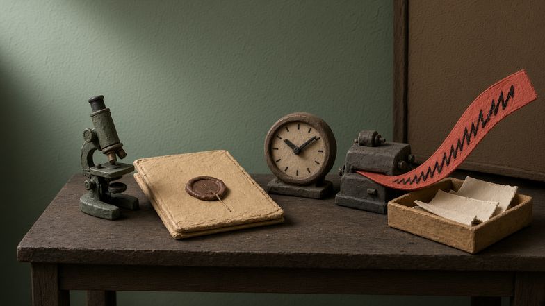 Provisional stop-motion claymation scene of a laboratory desk with a sealed clinical-data folder beside a microscope while a separate market graph rises sharply under a premarket clock. No patients, logos, or readable company names are depicted.